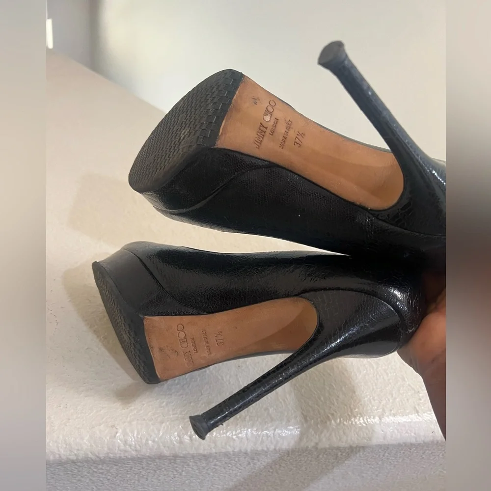 Jimmy Choo Black Python Leather Open toes‎ heels Pumps . Size 37.5 US 7.5